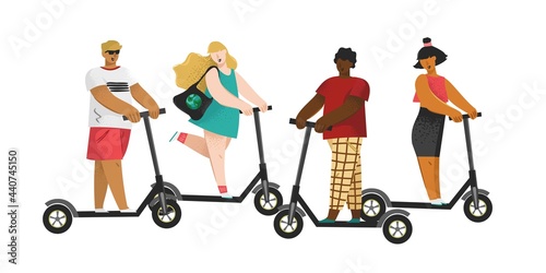 Group of young people ride electric scooters isolated on white. Crowd of girls and guys on ecological transport travel around the city. Banner concept about a summer vacation. Vector illustration.