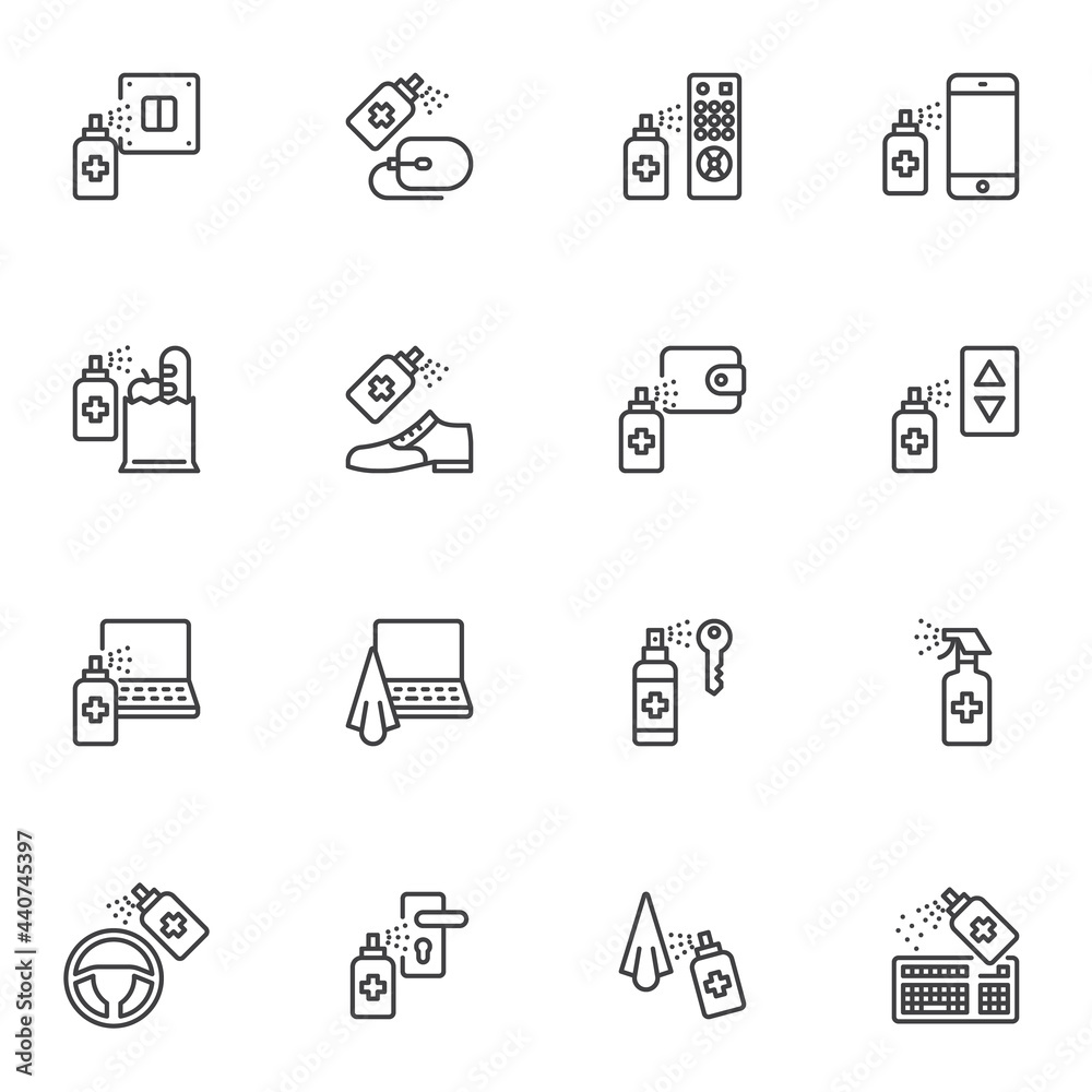 Disinfection and cleaning line icons set