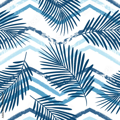 Tropical pattern, palm leaves seamless vector floral background. Exotic plant on blue chevron stripes print. Summer nature watercolor zigzag lines jungle print