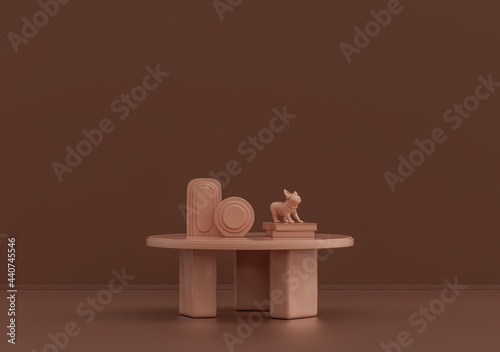 Single coffee table with vase and books in rosy brown room, monochrome single color, 3d Rendering