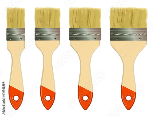 Realistic illustration of a paint brush. Flat paint brush. Wide brush with a wooden handle. 