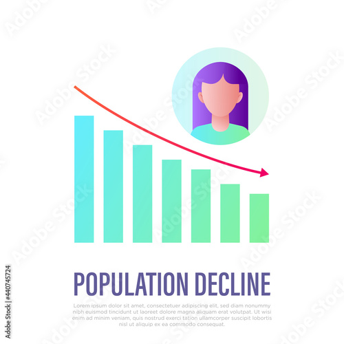 Population reduction gradient icon. Graph of decrease with arrow and woman. Social problem, demographic crisis. Vector illustration.