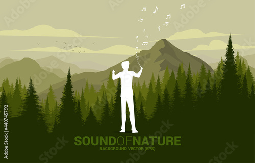 Vector Music orchestra conductor with green forest and big mountain. background concept for music for natural and spring time.