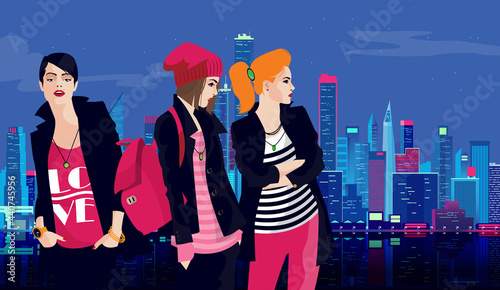 Fashion girl in pop art style in New York City. Vector illustration.