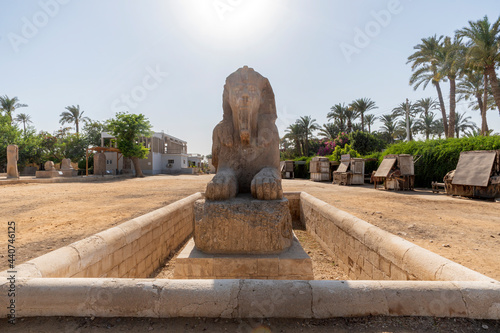 alabaster sphinx of Amun-Ofis II at the ancient Egyptian capital of Memphis in northern Egypt. The statue is four and a half metres high and eight metres long. photo