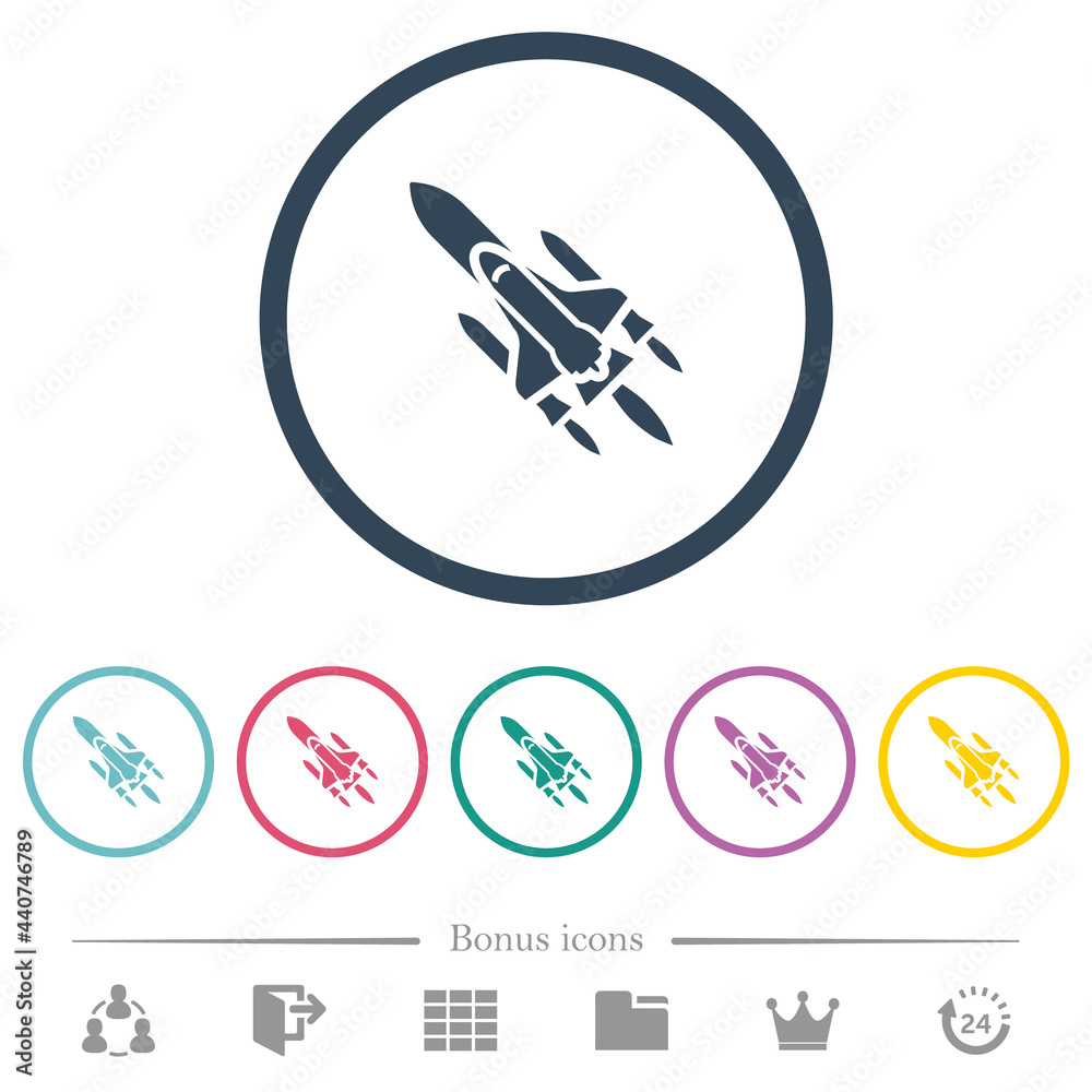 Space shuttle with launchers flat color icons in round outlines Space shuttle with launchers flat color icons in round outlines