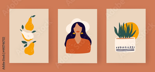 Set of contemporary art posters in boho style. Abstract boho trio pear plant and girl. Minimalistic image of ripe yellow fruits. Beautiful woman in wide hat and earrings