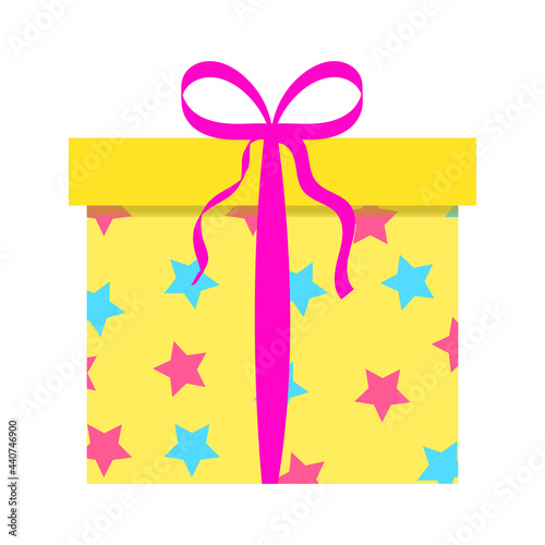 gift festive closed box with a lid, yellow with a pattern of stars, a ribbon and a bow. isolated on white background, close up, vector illustration. for decorating postcards, posters, banners