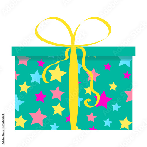 gift festive closed box with a lid, green with a pattern of stars, a ribbon and a bow. isolated on white background, close up, vector illustration. for decorating postcards, posters, banners