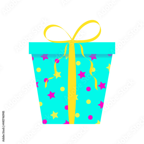 gift festive closed box with a lid, green with a pattern of stars, a ribbon and a bow. isolated on white background, close up, vector illustration. for decorating postcards, posters, banners