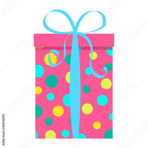 pink gift box with a pattern of circles and a ribbon with a bow. vector illustration isolated on white background. multicolored
