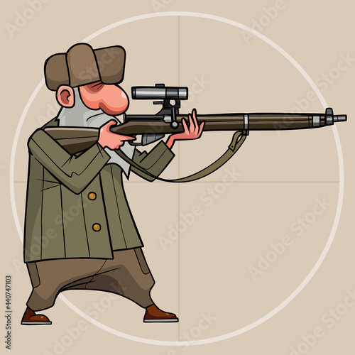 cartoon grandpa holding a rifle and aiming at a telescopic sight