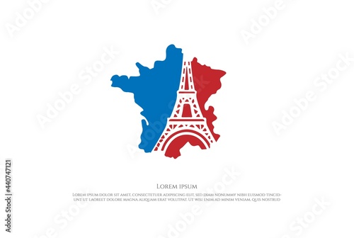 France Map with Paris Eiffel Tower for Travel Logo Design Vector