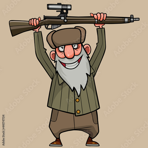 cartoon grandfather happily holding a rifle above his head