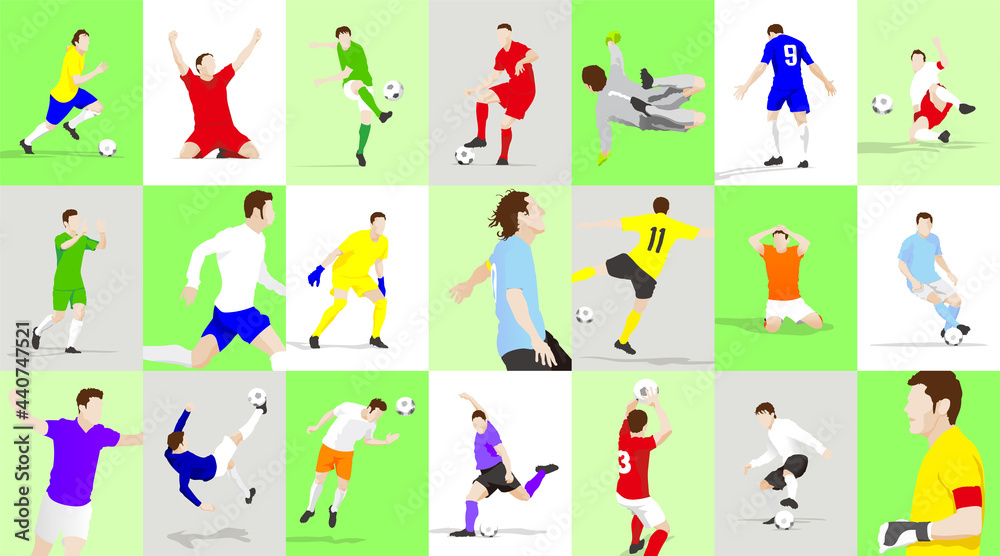 Many types of soccer player play scenes. three. Vector