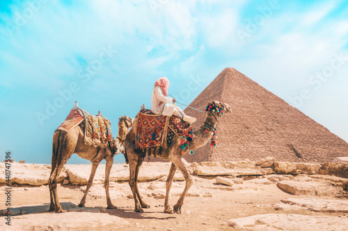 Camels with a local Bedouin walk through the desert near the Great Pyramid of Khufu in Giza near Cairo, Egypt.