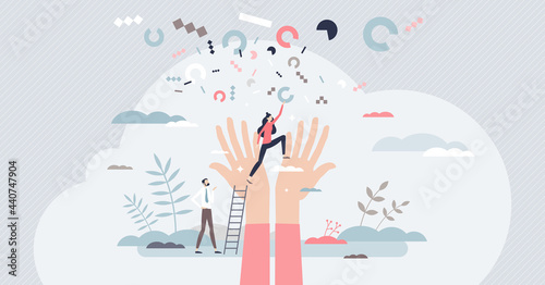 Achievement or successful career rise or growth challenge tiny person concept. Business target or goal reaching with cheering congratulation vector illustration. Celebrate aspiration or accomplishment