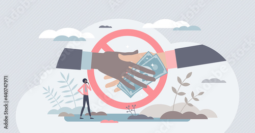 Anti corruption scene with illegal bribe money transfer tiny person concept. Stop fraud and greedy bribe vector illustration. Give criminal finances and refuse or reject offer. Guilty cash payment.