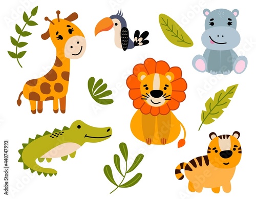 Jungle. Set of cute hand drawn animals. Lion, tiger, crocodile, giraffe, hippo. White background, isolate. Vector illustration.
