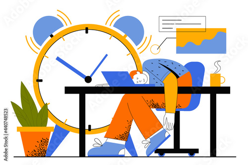 Deadline at work web concept. Employee sleeping at workplace, violating deadline. Man dreaming in office. Time management and work stress. Vector illustration for web page template in flat line design
