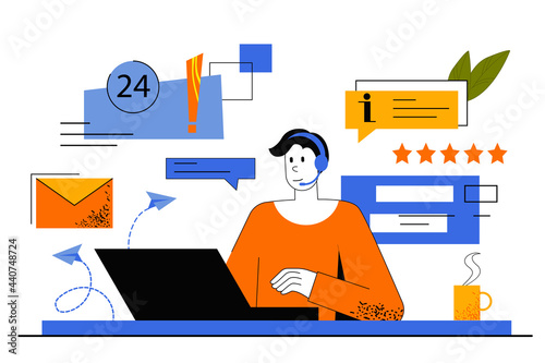 Customer support web concept. Hotline operator answers customer calls, advises. Man works in tech support and solves problems online. Vector illustration for web page template in flat line design