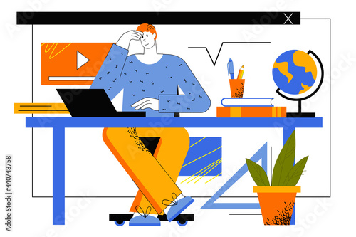 Online education web concept. Student studies remotely using laptop. Man watches video lectures, learning courses and trainings at home. Vector illustration for web page template in flat line design