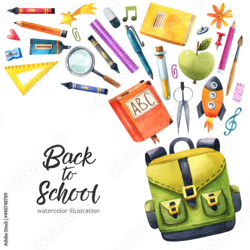 Watercolor school and education elements frame. Cute cartoon style. Back to school