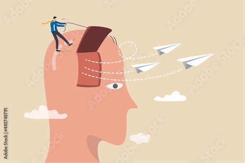 Business support to launch new startup idea, entrepreneurship to start new business, support to free your mind for creative ideas, businessman open his head window to launch paper airplane origami.