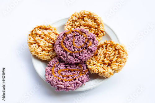 Rice cracker with coconut palm sugar on white