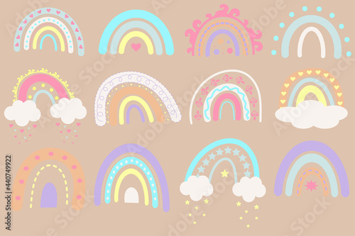 Set of cute sweet boho rainbows. Boho nursery rainbow print for playroom and kids, baby bedrooms with pastel colors.