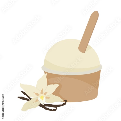 Vanilla Ice cream in a cup. A paper container. Summer menu. Outline vector illustration on a white background.
