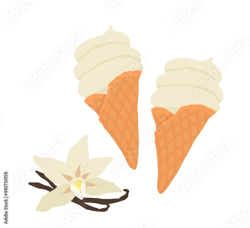 Vanilla soft ice cream in a waffle cone. For holiday, celebration, weekend menu, summer menu.