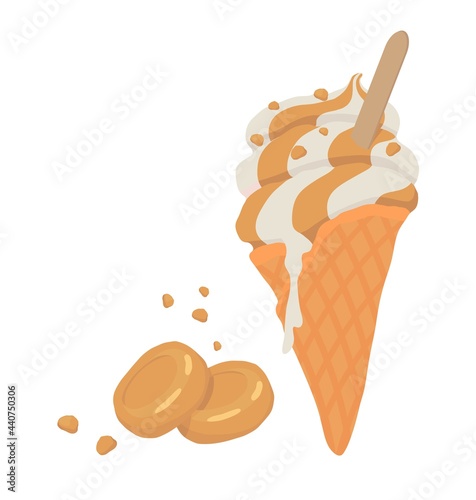 Caramel soft ice cream in a waffle cone. For holiday, celebration, weekend menu, summer menu.