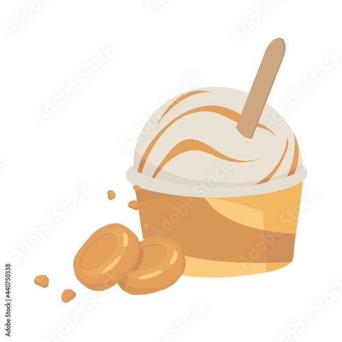 Caramel Ice cream in a cup. A paper container. Outline vector illustration on a white background.