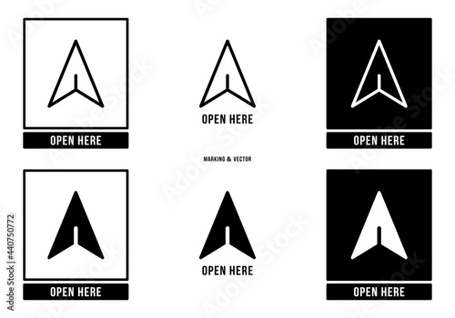 A set of manipulation symbols for packaging products and goods. Marking - Open here. Vector elements.