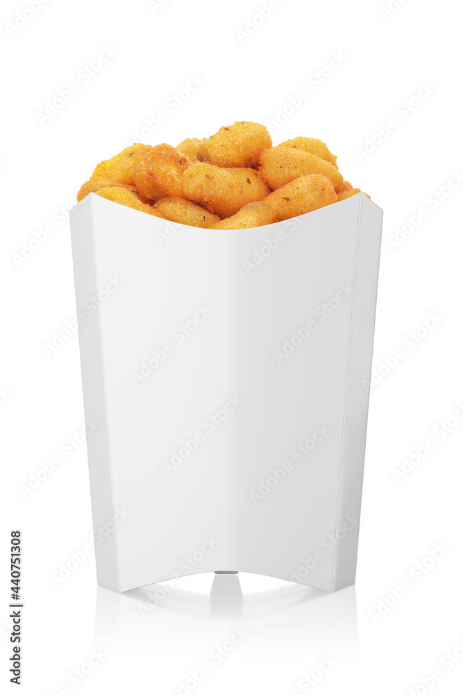 Deep fried mussels in a white paper box isolated on white. 3d rendering.