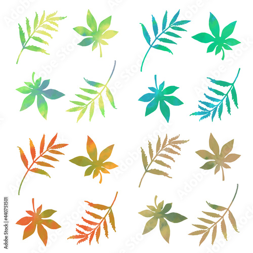 四季の色合い 水彩風テクスチャーの葉っぱのベクターイラスト バリエーション セット