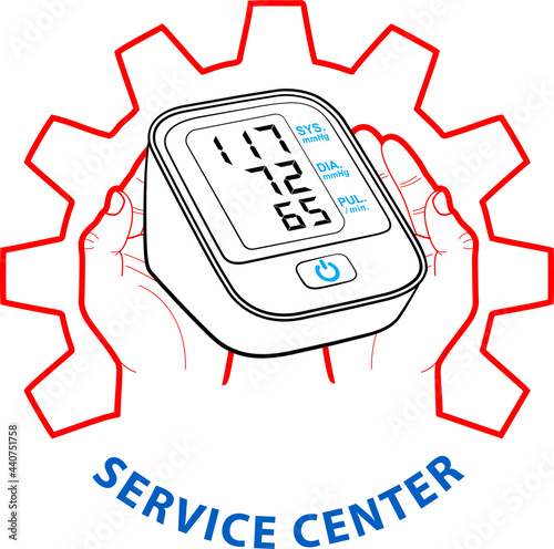 Service center sign with tonometer in hands
