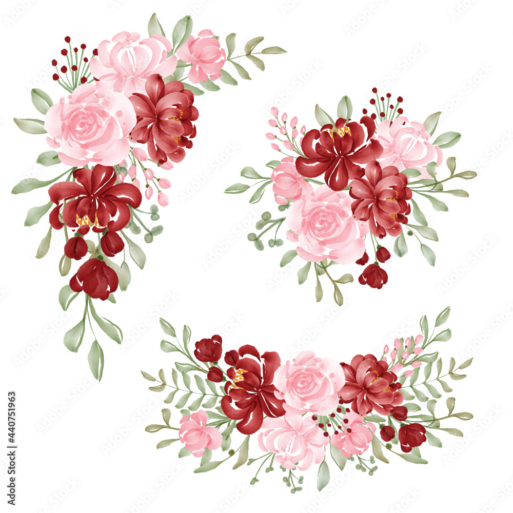 watercolor set of flower arrangement red and pink