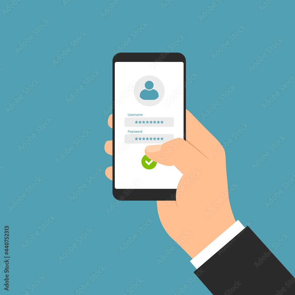 Flat design illustration of manager hand holding smartphone with white touch screen and login form for entering username and password, vector