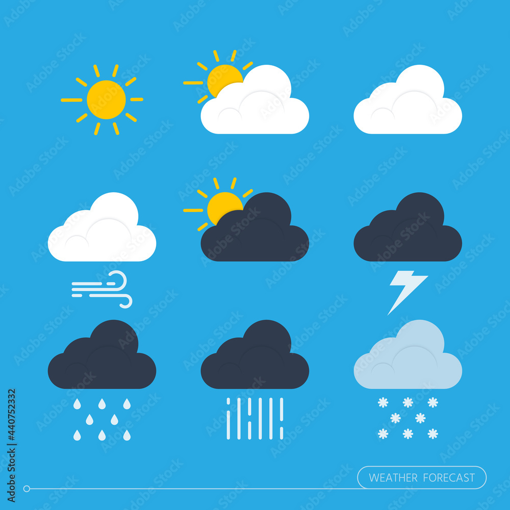 The weather forecast icon set. The vector illustration of nine different icons is isolated on a blue background. editable lines. The weather forecast icon set. The vector illustration of nine different icons is isolated on a blue background. editable lines.