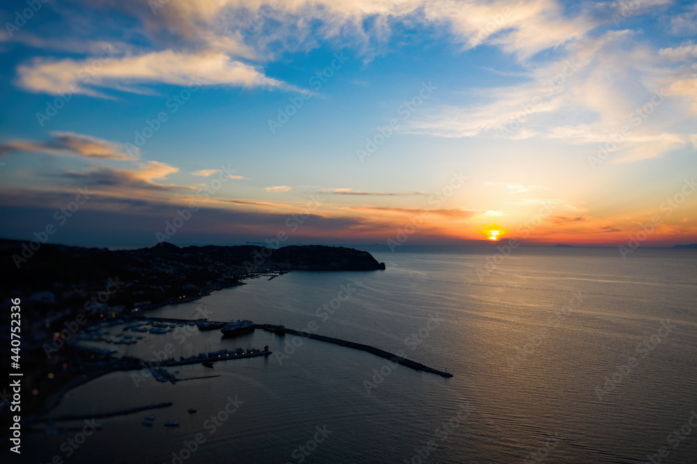 Fototapeta premium Tramonto di Ischia, da Casamicciola Terme vista dal drone