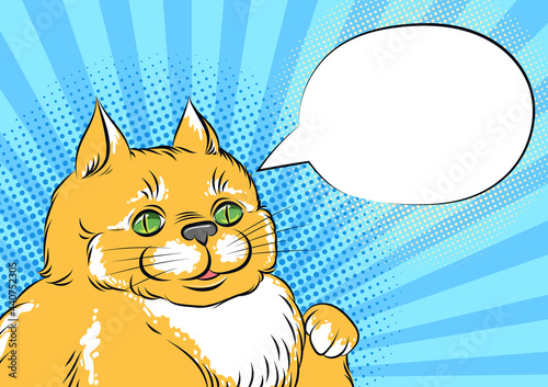 Cute fat cat ponting on empty speech bubble, pop art comic style illustration. Hungry funny cat