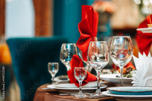 wine glasses on the background of a red napkin in a cafe