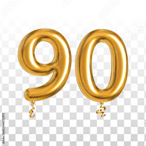 Vector realistic isolated golden balloon number of 90 for invitation decoration on the transparent background.