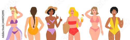 Women in bikini multiracial set isolated on white background. Happy body positive women in swimwear