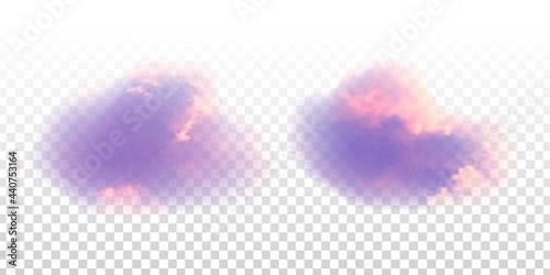 Vector set of realistic isolated purple cloud for template decoration and covering on the transparent background. Concept of storm and cloudscape.