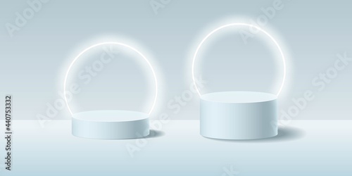 Vector realistic podium platforms with neon frames in abstract stage for product placement and display.