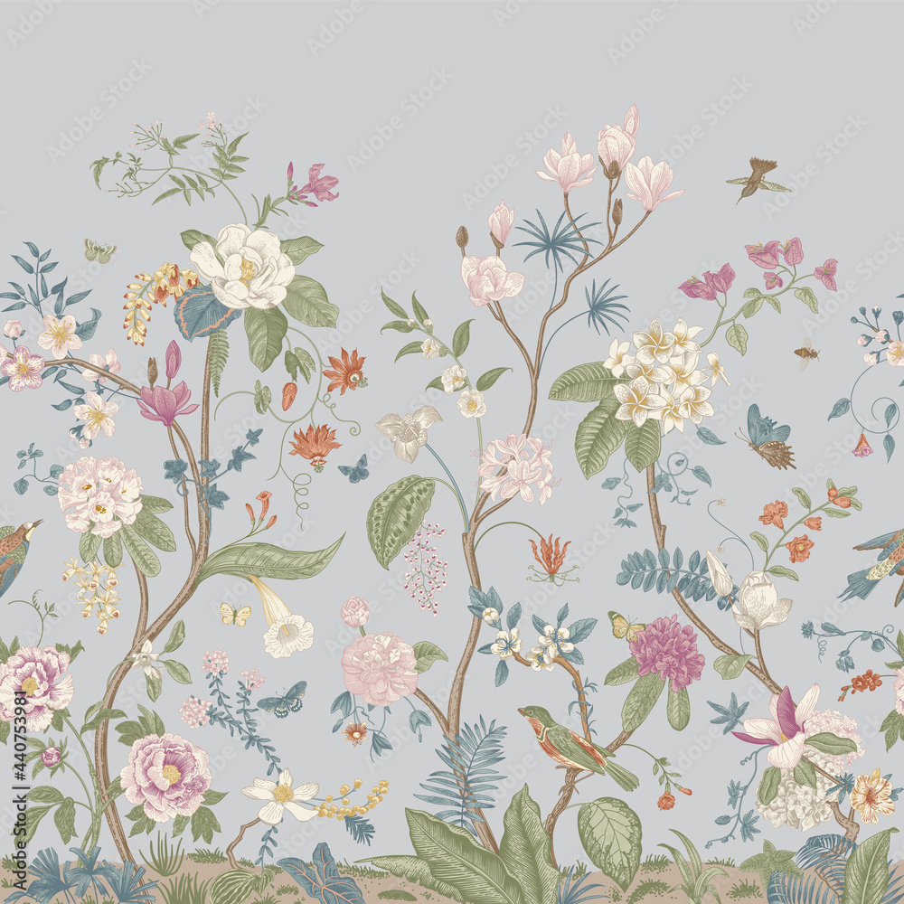 Fototapeta Mural. Bloom. Chinoiserie inspired. Vintage floral illustration. Pastel colors