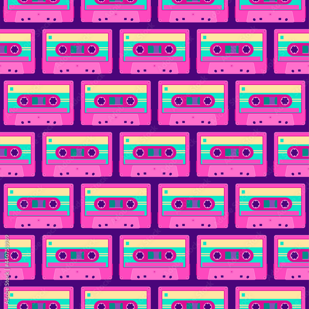 Music cassette background. Audio tape seamless pattern. Texture for fabric, wallpaper, decorative print